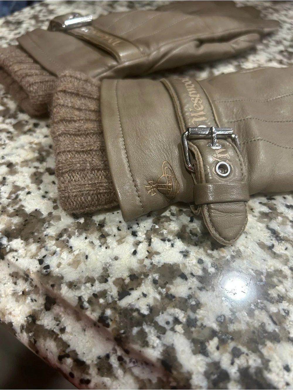 Vivienne Westwood Taupe/Brown Leather Buckle Gloves